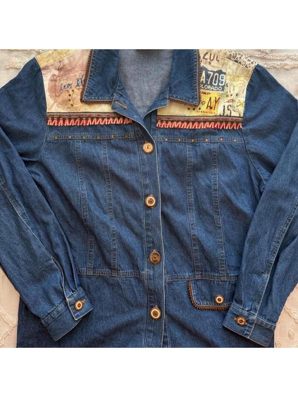 Vintage Nancy Bolen City Girl Denim Colorado License Plate Jacket Shirt Size L